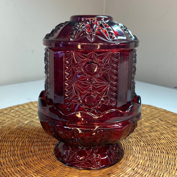 Vintage 1960s Indiana Glass Ruby Red Flash Stars and Bars Glass Fairy Lamp